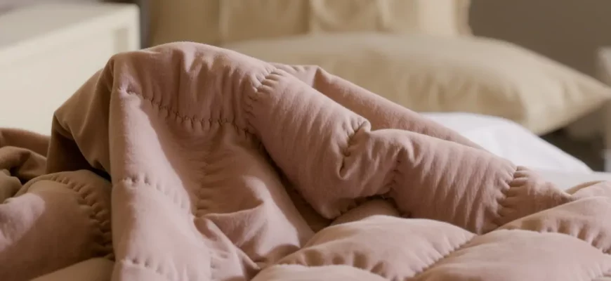 A close-up, photorealistic image of a high-quality weighted blanket with intricate stitching and a soft, plush texture. The blanket should be draped over a comfortable bed with a neutral-colored duvet and pillows. Focus on the details of the blanket's weave and the weight distribution.