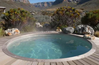 A serene, crystal-clear natural cold plunge pool nestled in a rugged South African landscape, surrounded by indigenous fynbos vegetation, with a wooden deck and subtle mist rising from the water, evoking a tranquil and refreshing experience