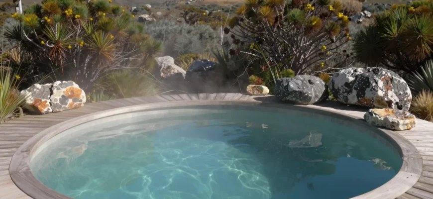 A serene, crystal-clear natural cold plunge pool nestled in a rugged South African landscape, surrounded by indigenous fynbos vegetation, with a wooden deck and subtle mist rising from the water, evoking a tranquil and refreshing experience