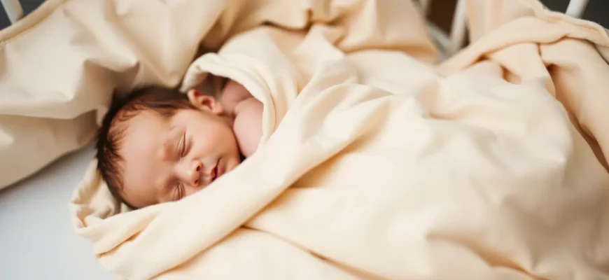 A close-up of a soft, neutral-colored weighted blanket draped over a newborn baby in a crib, with gentle lighting highlighting the texture of the fabric and the baby's peaceful sleep, no text or numbers visible