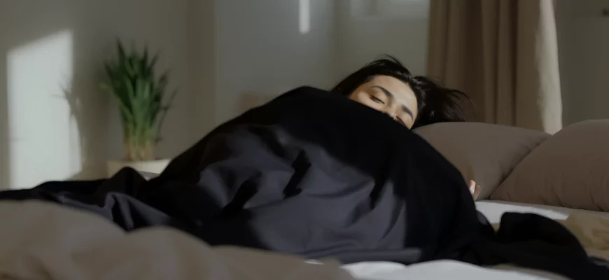A person lying comfortably on a bed with a weighted blanket draped over them, surrounded by a calm and restful bedroom environment with soft lighting, neutral colors, and minimalistic decor. The scene should evoke relaxation and restorative sleep.