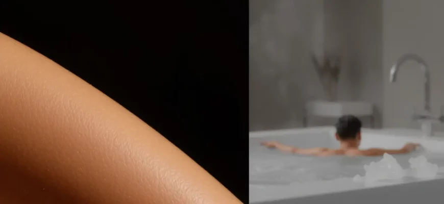 A close-up of a woman's thigh showing smooth skin texture with subtle dimpling to represent cellulite, alongside a separate close-up of a person taking a cold plunge in a modern minimalist bathroom with steam rising from the water, both images should be photorealistic and focus on the physical effects without text or labels