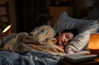 A cozy bedroom scene at night, focusing on a person sleeping peacefully under a soft, warm blanket. The room is dimly lit with a bedside lamp casting a gentle glow. A book rests on the nightstand, and a calming aroma diffuser is subtly visible. The overall mood is serene and restful, emphasizing the comfort and tranquility associated with good sleep.