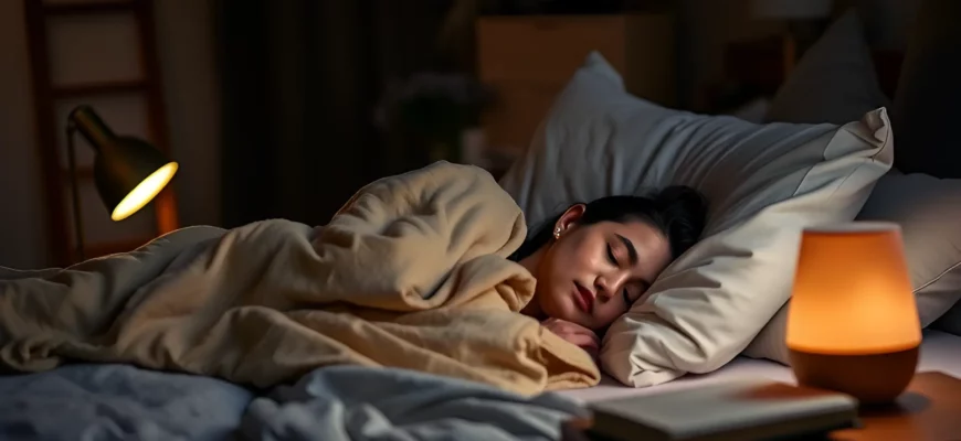 A cozy bedroom scene at night, focusing on a person sleeping peacefully under a soft, warm blanket. The room is dimly lit with a bedside lamp casting a gentle glow. A book rests on the nightstand, and a calming aroma diffuser is subtly visible. The overall mood is serene and restful, emphasizing the comfort and tranquility associated with good sleep.