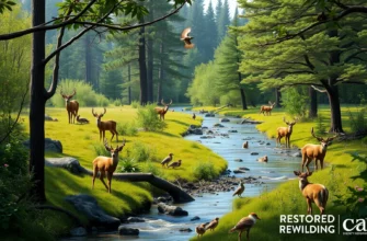 A serene landscape showcasing a restored natural habitat with diverse wildlife, including deer, birds, and various plant species, thriving in harmony. The scene should depict a lush forest with a clear stream running through it, illustrating the successful rewilding efforts. The image should convey a sense of balance and tranquility in nature.