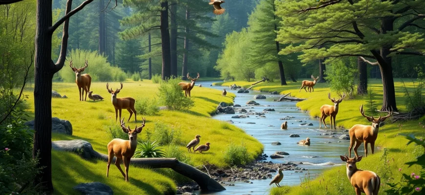 A serene landscape showcasing a restored natural habitat with diverse wildlife, including deer, birds, and various plant species, thriving in harmony. The scene should depict a lush forest with a clear stream running through it, illustrating the successful rewilding efforts. The image should convey a sense of balance and tranquility in nature.
