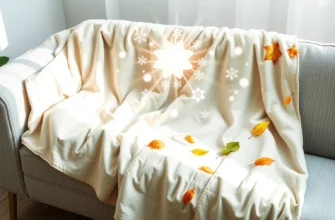 A cozy, ultra-lightweight blanket draped over a modern sofa, with seasonal elements like snowflakes for winter, blossoms for spring, sun rays for summer, and falling leaves for autumn, all subtly integrated into the fabric texture, soft natural lighting, high detail, no text or letters