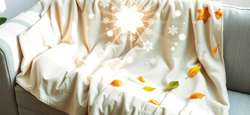 A cozy, ultra-lightweight blanket draped over a modern sofa, with seasonal elements like snowflakes for winter, blossoms for spring, sun rays for summer, and falling leaves for autumn, all subtly integrated into the fabric texture, soft natural lighting, high detail, no text or letters