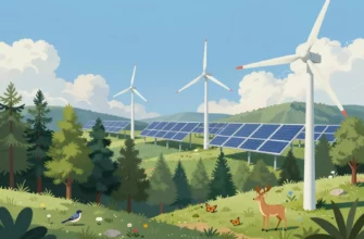 A vibrant, detailed illustration showing a harmonious blend of renewable energy infrastructure and natural ecosystems. In the foreground, a lush green forest with diverse wildlife (birds, deer, butterflies) transitions seamlessly into wind turbines and solar panels integrated into the landscape. The background features a clear blue sky with soft clouds, symbolizing clean energy. The scene should convey balance and renewal, with sunlight illuminating the area, highlighting the coexistence of tech