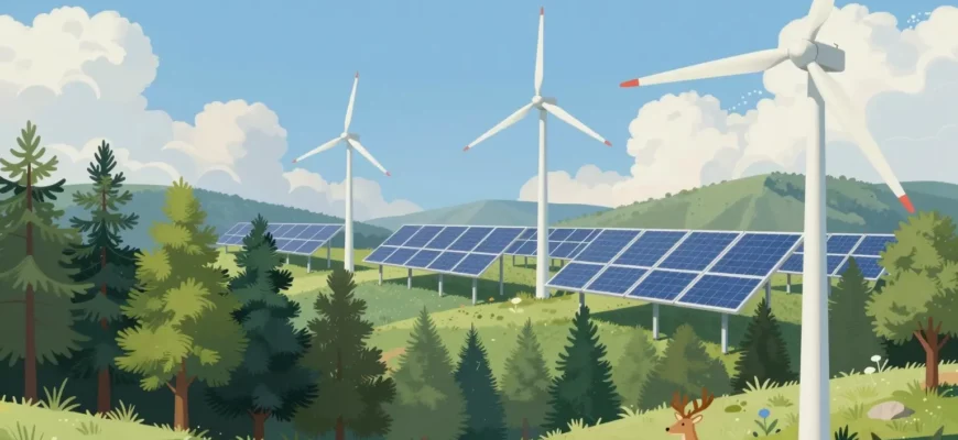 A vibrant, detailed illustration showing a harmonious blend of renewable energy infrastructure and natural ecosystems. In the foreground, a lush green forest with diverse wildlife (birds, deer, butterflies) transitions seamlessly into wind turbines and solar panels integrated into the landscape. The background features a clear blue sky with soft clouds, symbolizing clean energy. The scene should convey balance and renewal, with sunlight illuminating the area, highlighting the coexistence of tech