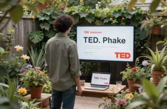 A person standing in a lush green backyard, surrounded by plants, flowers, and a small garden, with a TED Talk presentation visible on a screen or laptop nearby, symbolizing the connection between ideas and practical application in everyday life