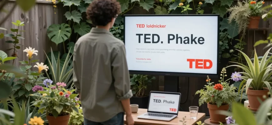 A person standing in a lush green backyard, surrounded by plants, flowers, and a small garden, with a TED Talk presentation visible on a screen or laptop nearby, symbolizing the connection between ideas and practical application in everyday life