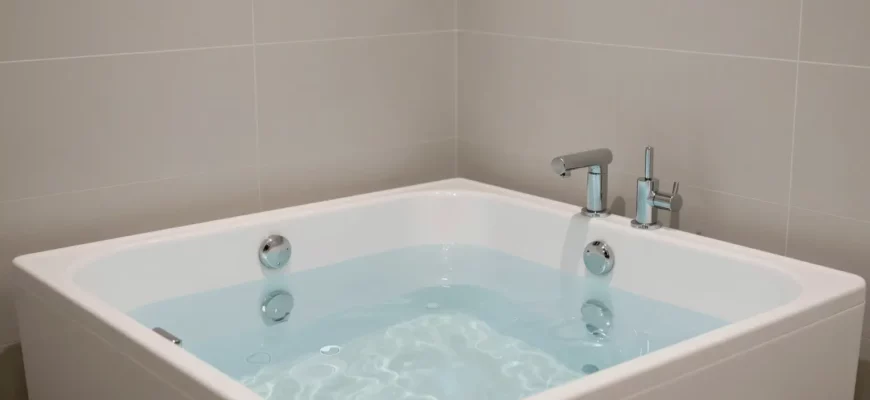 A sleek modern bathroom featuring a cold plunge tub filled with clear icy water, surrounded by minimalist tiles and soft ambient lighting, emphasizing relaxation and wellness