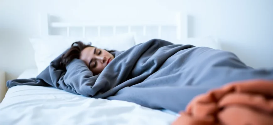 A serene bedroom scene showing a person relaxing under a weighted blanket, with soft lighting and calm colors, emphasizing comfort and wellness