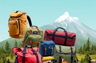 A dynamic collage-style image showcasing various high-performance upcycled gear items like backpacks, duffel bags, and accessories made from reclaimed materials, arranged in an eco-friendly outdoor setting with natural elements like trees, mountains, and wildlife, emphasizing sustainability and adventure