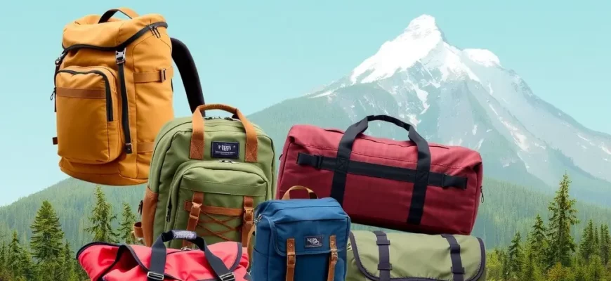 A dynamic collage-style image showcasing various high-performance upcycled gear items like backpacks, duffel bags, and accessories made from reclaimed materials, arranged in an eco-friendly outdoor setting with natural elements like trees, mountains, and wildlife, emphasizing sustainability and adventure