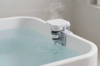 A clean, modern bathroom scene featuring a sleek cold plunge tub with a transparent filter system attached, showing clear water circulation and minimalist design elements, with subtle steam rising to indicate cold temperature, soft natural lighting highlighting the filtration components