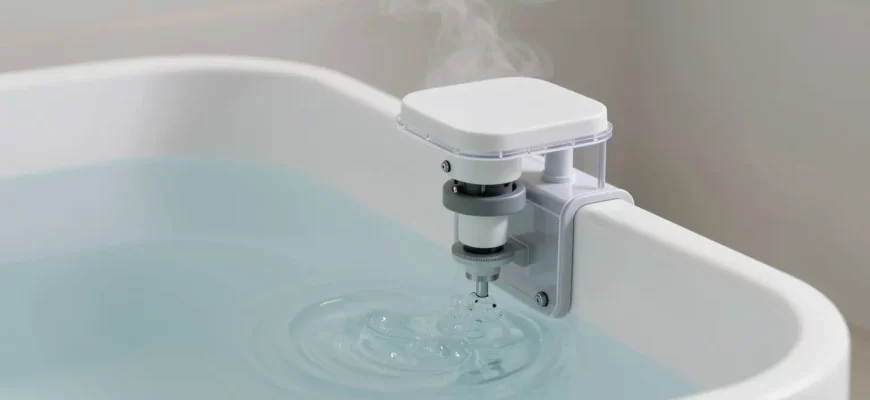 A clean, modern bathroom scene featuring a sleek cold plunge tub with a transparent filter system attached, showing clear water circulation and minimalist design elements, with subtle steam rising to indicate cold temperature, soft natural lighting highlighting the filtration components