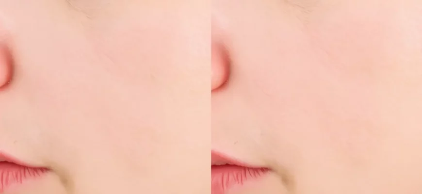A split-screen before-and-after image showing the effects of the Ole Henriksen Cold Plunge Pore Mask: on the left, a close-up of facial skin with visible enlarged pores, slight redness, and dull texture; on the right, the same area of skin after use, appearing smoother, with visibly minimized pores, reduced redness, and a radiant, refreshed complexion. The lighting is soft and even, highlighting skin texture without harsh shadows. The background is neutral and clean to keep focus on the skin tra