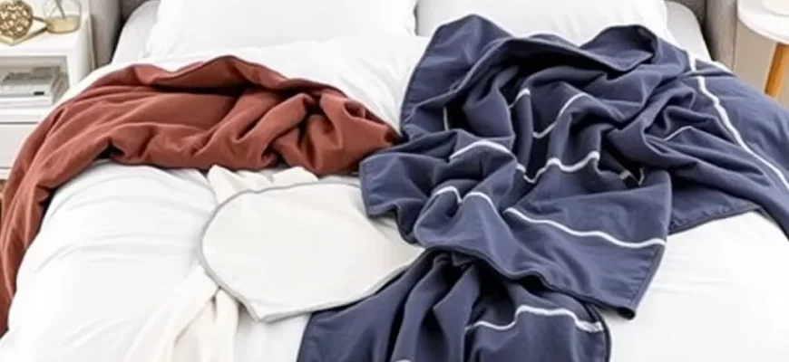 A neatly arranged queen size bed showcasing a variety of lightweight blankets in different colors and textures, with a cozy bedroom setting including soft lighting and minimalistic decor, emphasizing comfort and practicality for everyday use