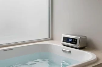 A clean, modern bathroom interior featuring a sleek cold plunge tub with integrated chiller system, showing water surface with gentle ripples, stainless steel control panel with digital display, frosted glass enclosure, minimalist design with light wood accents and neutral tones, soft ambient lighting highlighting the tub's contours and chiller unit, high detail, realistic textures