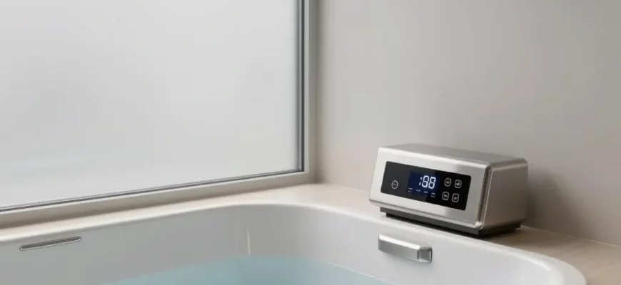 A clean, modern bathroom interior featuring a sleek cold plunge tub with integrated chiller system, showing water surface with gentle ripples, stainless steel control panel with digital display, frosted glass enclosure, minimalist design with light wood accents and neutral tones, soft ambient lighting highlighting the tub's contours and chiller unit, high detail, realistic textures