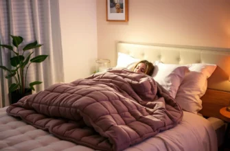 A cozy bedroom scene with a person comfortably wrapped in a Cuteking Weighted Blanket, soft lighting, warm colors, and a peaceful atmosphere