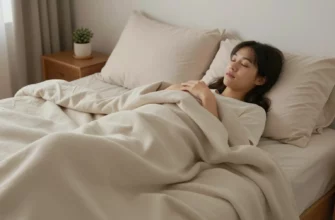 A cozy bedroom scene featuring a person comfortably wrapped in a weighted blanket on a bed, with soft ambient lighting, plush pillows, and a relaxed, peaceful expression. The blanket has a subtle textured weave and is slightly draped over the edge of the bed, suggesting use and comfort. Warm, neutral tones dominate the color palette to emphasize tranquility and snugness.