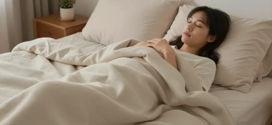 A cozy bedroom scene featuring a person comfortably wrapped in a weighted blanket on a bed, with soft ambient lighting, plush pillows, and a relaxed, peaceful expression. The blanket has a subtle textured weave and is slightly draped over the edge of the bed, suggesting use and comfort. Warm, neutral tones dominate the color palette to emphasize tranquility and snugness.