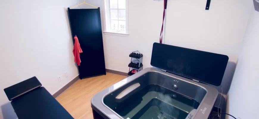A compact home gym setup featuring a cold plunge tub placed neatly in a corner, surrounded by minimal fitness equipment like a foldable bench, resistance bands, and a wall-mounted pull-up bar. The space is well-lit with natural light from a small window, showing efficient use of limited square footage. The tub is modern, made of sleek black or dark gray composite material with a simple lid, filled with clear water and subtle steam rising slightly to indicate cold temperature. No text, signs, or