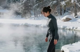 A woman in athletic wear standing at the edge of a clear icy lake or pool, preparing to enter cold water, with steam rising from the water surface and a serene natural background of snow-covered trees and mountains under a crisp winter sky, conveying calmness and focus