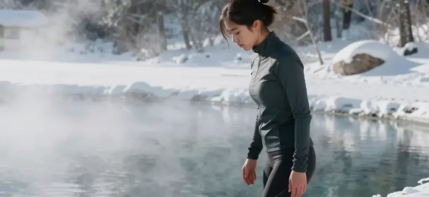 A woman in athletic wear standing at the edge of a clear icy lake or pool, preparing to enter cold water, with steam rising from the water surface and a serene natural background of snow-covered trees and mountains under a crisp winter sky, conveying calmness and focus