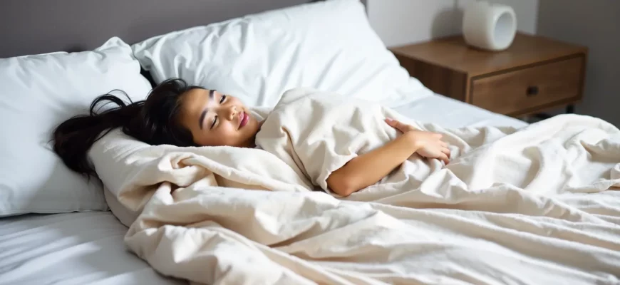 A serene bedroom scene featuring a person peacefully resting under a soft, neutral-toned sensory weighted blanket, with gentle ambient lighting and subtle textures emphasizing calm and relaxation