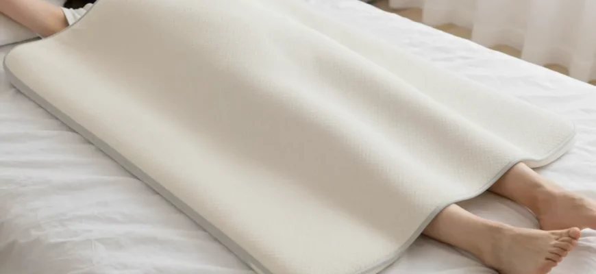A person lying comfortably on a bed using a weighted stress blanket, showing the blanket's texture and weight distribution, with clear visibility of the blanket covering the body from shoulders to feet, in a calm bedroom setting with soft lighting, no text or numbers visible