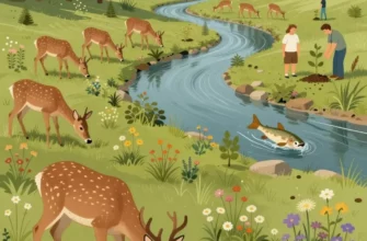 A vibrant, detailed illustration showing a diverse ecosystem in the process of rewilding: native wildflowers and grasses growing in a meadow, a herd of deer grazing peacefully, birds flying overhead, and a river winding through the landscape with fish leaping. In the background, a forest is regrowing with tall trees, and a few people are seen planting saplings or observing nature, symbolizing human harmony with the restored environment. The scene should convey hope, balance, and the return of na