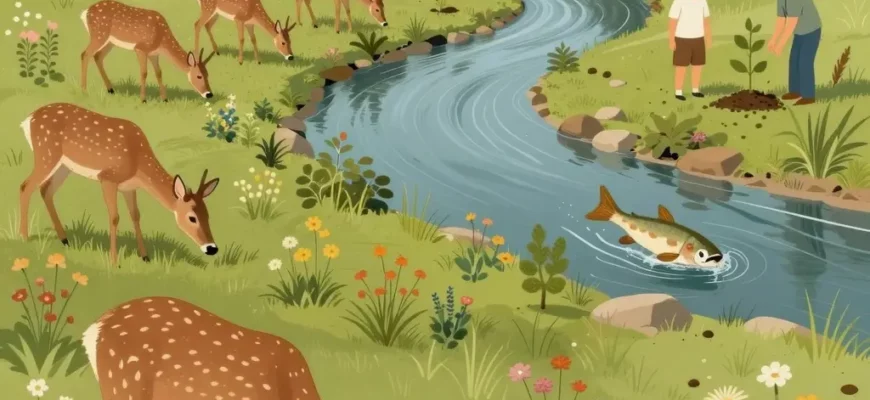 A vibrant, detailed illustration showing a diverse ecosystem in the process of rewilding: native wildflowers and grasses growing in a meadow, a herd of deer grazing peacefully, birds flying overhead, and a river winding through the landscape with fish leaping. In the background, a forest is regrowing with tall trees, and a few people are seen planting saplings or observing nature, symbolizing human harmony with the restored environment. The scene should convey hope, balance, and the return of na