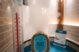 A thermometer displaying a temperature reading around 10-15°C (50-59°F) next to a person in a swimsuit preparing to enter a cold plunge pool, with steam rising from the water and a clear sign indicating the water temperature, set in a modern spa environment with tiled walls and ambient lighting
