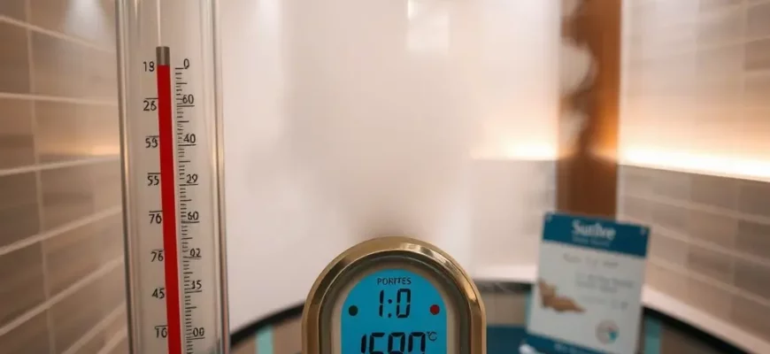 A thermometer displaying a temperature reading around 10-15°C (50-59°F) next to a person in a swimsuit preparing to enter a cold plunge pool, with steam rising from the water and a clear sign indicating the water temperature, set in a modern spa environment with tiled walls and ambient lighting