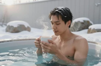 A person stepping out of an icy cold plunge tub, holding a steaming cup of coffee, with visible breath in cold air, frost on their skin, and steam rising from the cup; background shows a minimalist winter spa setting with snow-dusted rocks and soft morning light