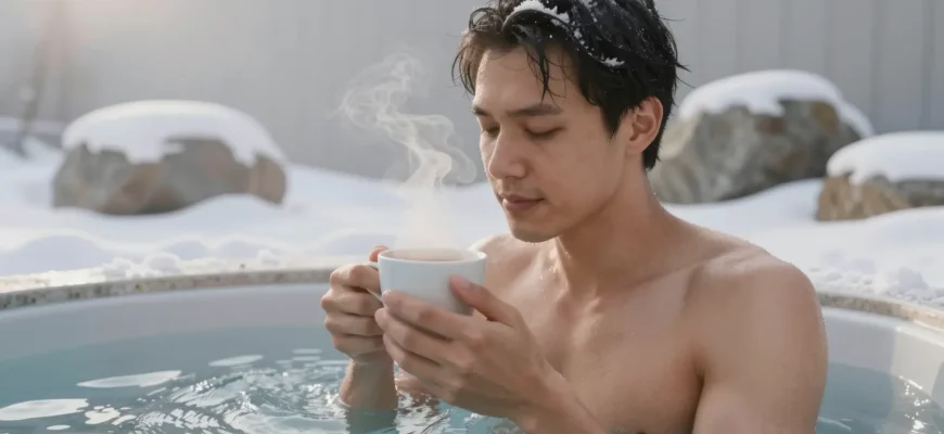 A person stepping out of an icy cold plunge tub, holding a steaming cup of coffee, with visible breath in cold air, frost on their skin, and steam rising from the cup; background shows a minimalist winter spa setting with snow-dusted rocks and soft morning light
