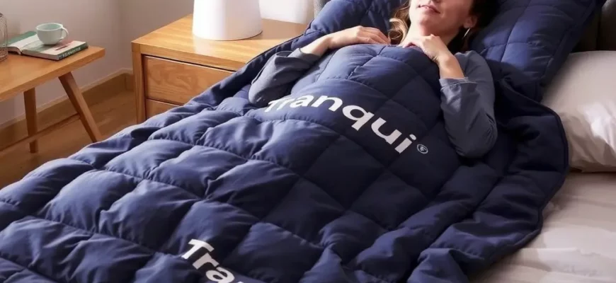 A cozy bedroom scene featuring a person relaxing under a 12lbs weighted blanket with the brand name 'Tranqui' subtly visible on the blanket, soft lighting, and a calm atmosphere