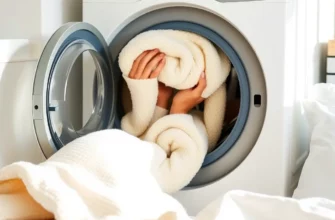 A clean, well-lit bedroom scene showing a person gently washing a large, textured weighted blanket in a modern washing machine, with fresh linens and soft natural light emphasizing cleanliness and care
