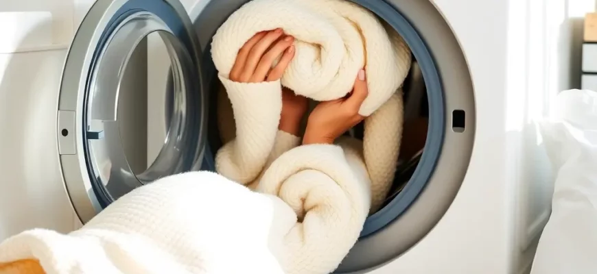 A clean, well-lit bedroom scene showing a person gently washing a large, textured weighted blanket in a modern washing machine, with fresh linens and soft natural light emphasizing cleanliness and care