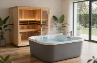 A modern home wellness setup featuring a sleek cold plunge tub with clear water and subtle steam rising, adjacent to an infrared sauna with warm wooden interior and soft ambient lighting, both placed in a minimalist, light-filled home spa area with natural wood flooring, potted greenery, and a view of a tranquil backyard through large glass doors — no text, no logos, no people