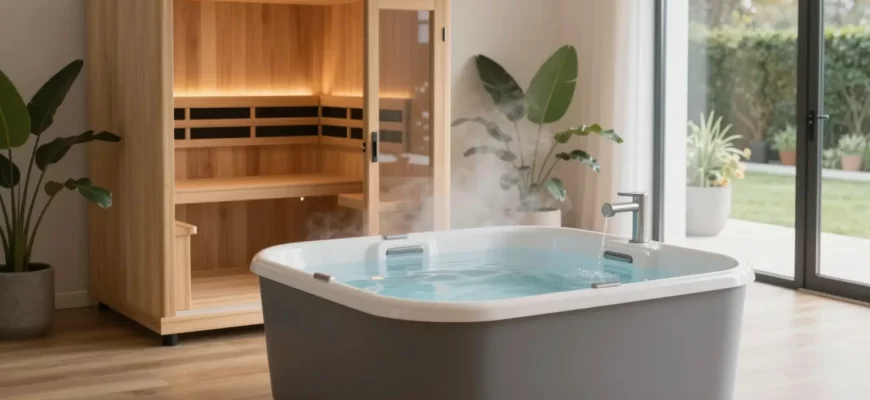 A modern home wellness setup featuring a sleek cold plunge tub with clear water and subtle steam rising, adjacent to an infrared sauna with warm wooden interior and soft ambient lighting, both placed in a minimalist, light-filled home spa area with natural wood flooring, potted greenery, and a view of a tranquil backyard through large glass doors — no text, no logos, no people