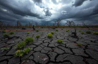A desolate landscape showing the negative consequences of ecological restoration, with cracked earth, invasive weeds choking native plants, and a barren, polluted environment under a dark, ominous sky, symbolizing the 'dark side' of rewilding