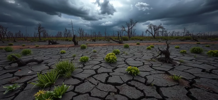A desolate landscape showing the negative consequences of ecological restoration, with cracked earth, invasive weeds choking native plants, and a barren, polluted environment under a dark, ominous sky, symbolizing the 'dark side' of rewilding