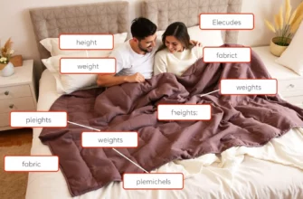 A couple sitting comfortably on a cozy bed, examining and comparing different weighted blankets, with clear labels showing weight options and fabric textures, in a warm, inviting bedroom setting
