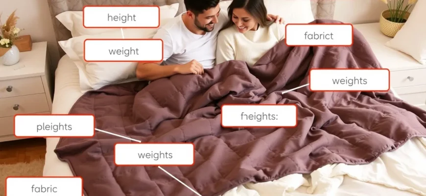 A couple sitting comfortably on a cozy bed, examining and comparing different weighted blankets, with clear labels showing weight options and fabric textures, in a warm, inviting bedroom setting