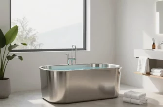 A modern, minimalist home interior featuring a sleek, stainless steel cold plunge tub in a bright, airy bathroom. Natural light streams in from a large window. Focus on clean lines and a sense of calm and wellness. Include subtle elements like plants and soft towels to enhance the spa-like atmosphere.